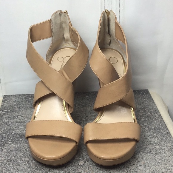 Jessica Simpson Shoes - Jessica Simpson Jinxxi Tan Faux Leather Crisscross Wedge Sandals Sz 7.5